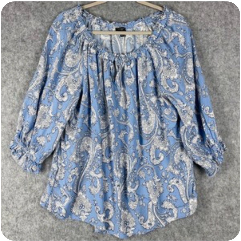 Talbots NWOT 2X Blue & White Paisley Popover 3/4 Sleeve Ruffle Tie at V-Neck